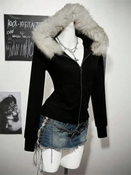 Y2K Harajuku Gothic Women's Hoodie Sexy Slim Chic Suede Fur Collar Letter Print Cardigan Sweatshirt Female Streetwear