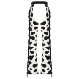 Womens Cow Spot Pattern Flannel Long Pants Adjustable Waist Open Crotch Biking Riding Cowgirl Chaps Halloween Cospaly Costume