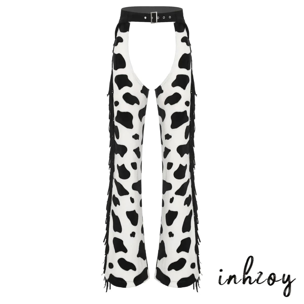 Womens Cow Spot Pattern Flannel Long Pants Adjustable Waist Open Crotch Biking Riding Cowgirl Chaps Halloween Cospaly Costume