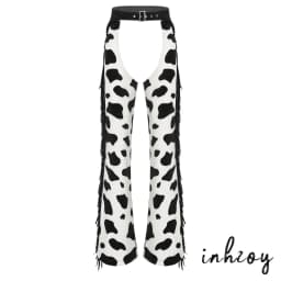 Womens Cow Spot Pattern Flannel Long Pants Adjustable Waist Open Crotch Biking Riding Cowgirl Chaps Halloween Cospaly Costume