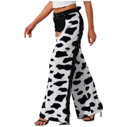 Womens Cow Spot Pattern Flannel Long Pants Adjustable Waist Open Crotch Biking Riding Cowgirl Chaps Halloween Cospaly Costume