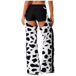 Womens Cow Spot Pattern Flannel Long Pants Adjustable Waist Open Crotch Biking Riding Cowgirl Chaps Halloween Cospaly Costume