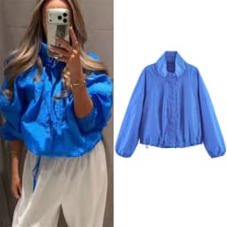 Women's Jacket 2026 Autumn New Style Blue Long-Sleeve Pleated Drawstring Decorative Nylon Loose Jacket Casual Fashion Versatile