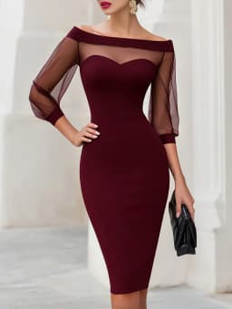 Off The Shoulder Sweetheart Neck Sheer Mesh Long Sleeve Bodycon Midi Dress For Women