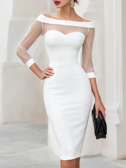 Off The Shoulder Sweetheart Neck Sheer Mesh Long Sleeve Bodycon Midi Dress For Women