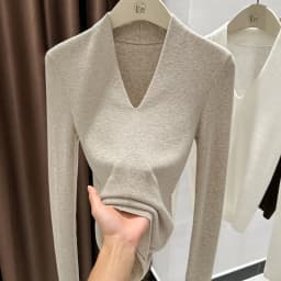 AOSSVIAO Autumn Winter Black V-Neck Women's Pullover Long Sleeve Slim Fit Soft Knit Sweater Soft Versatile Basic Layering Tops