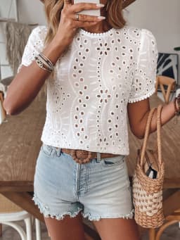 Women's 100% Cotton Elegant Cut-Out Lace Shirt – Short-Sleeve Crew Neck Casual Top