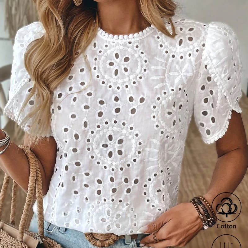 Women's 100% Cotton Elegant Cut-Out Lace Shirt – Short-Sleeve Crew Neck Casual Top