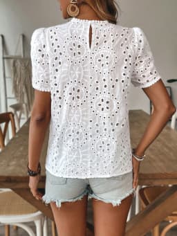Women's 100% Cotton Elegant Cut-Out Lace Shirt – Short-Sleeve Crew Neck Casual Top