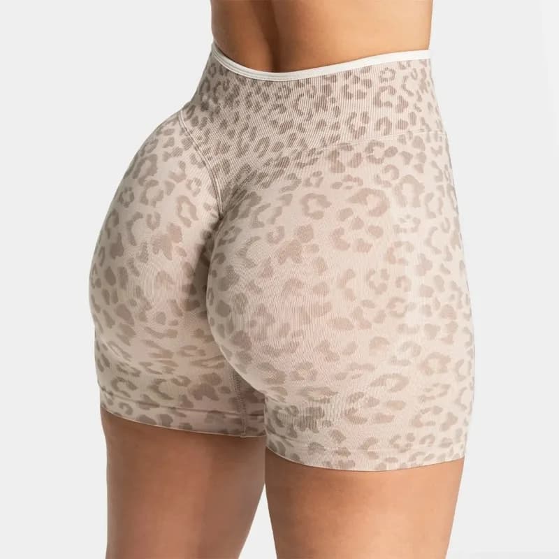 Summer Women's Seamless Leopard Print Sports Shorts White Border Contrasting High Waist Leggings Gym Yoga Exercise Sports Shorts
