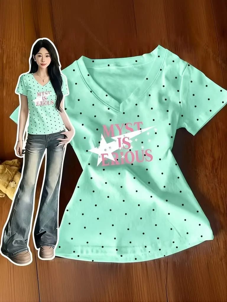 Polka Dot Y2k T Shirts Women Kawaii Sweet Girl Short Sleeve Tee Vintage Slim Fit V Neck Summer Top