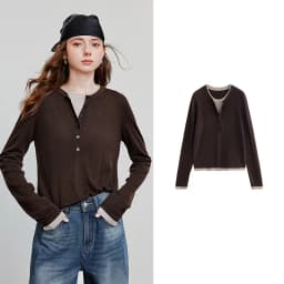 TOYOUTH Women Knitted Shirt 2025 Autumn New Retro Color Contrast Splicing Fake Two Piece Pullover Bottom Tops