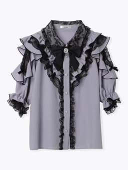 Noemi Inspired Ruffle Bow Top - Japanese Dark Femme Off-Shoulder Blouse, Lace Trim Bell Sleeve Shirt for Yami Kawaii & Lolita