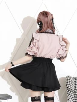 Noemi Inspired Ruffle Bow Top - Japanese Dark Femme Off-Shoulder Blouse, Lace Trim Bell Sleeve Shirt for Yami Kawaii & Lolita