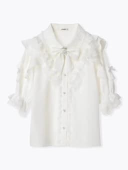 Noemi Inspired Ruffle Bow Top - Japanese Dark Femme Off-Shoulder Blouse, Lace Trim Bell Sleeve Shirt for Yami Kawaii & Lolita