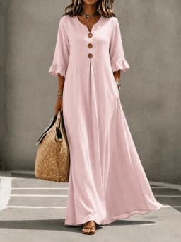Plus Size European and American Cross-border Autumn and Winter Solid Color Women's V-neck Long Dress Fashionable Elegant Dress