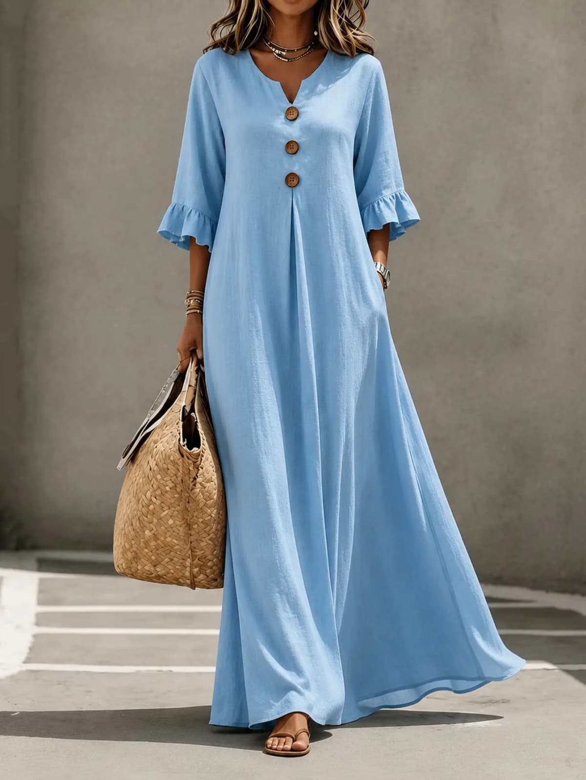 Plus Size European and American Cross-border Autumn and Winter Solid Color Women's V-neck Long Dress Fashionable Elegant Dress