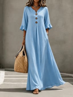 Plus Size European and American Cross-border Autumn and Winter Solid Color Women's V-neck Long Dress Fashionable Elegant Dress