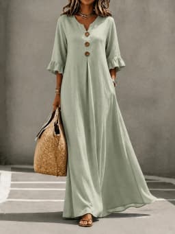 Plus Size European and American Cross-border Autumn and Winter Solid Color Women's V-neck Long Dress Fashionable Elegant Dress
