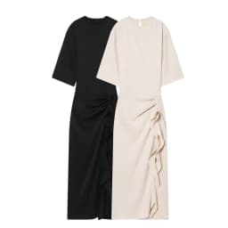 2026 New Ruffle Pleated Women's Dress Elegant and Fashionable Solid Color Round Neck Long Sleeve Women's Elegant Long Dress