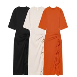 2026 New Ruffle Pleated Women's Dress Elegant and Fashionable Solid Color Round Neck Long Sleeve Women's Elegant Long Dress