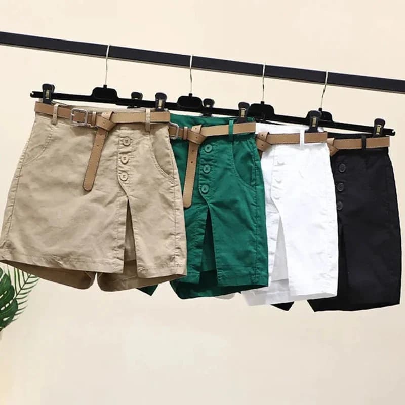 2025 New Chic Shorts Women Belt Korean Solid Buttons Side Slit A-line Streetwear Fashion Skirts Chic Harajuku Summer Loose Pants