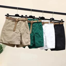2025 New Chic Shorts Women Belt Korean Solid Buttons Side Slit A-line Streetwear Fashion Skirts Chic Harajuku Summer Loose Pants