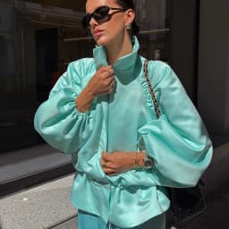 Fashion Shiny Fabric Jacket High Stand Collar Oversized Puff Sleeve Drawstring Cropped Hem 2026 Autumn Daily Lady Sweet Jackets