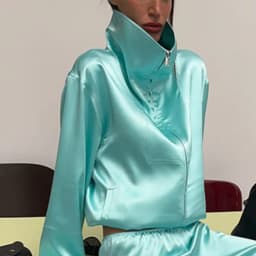 Fashion Shiny Fabric Jacket High Stand Collar Oversized Puff Sleeve Drawstring Cropped Hem 2026 Autumn Daily Lady Sweet Jackets