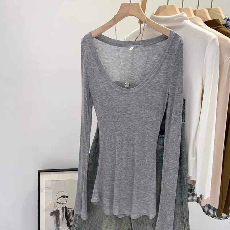 Summer Women's T-Shirt Deep U-Neck Basic High Elasticity See-through Slim Long Sleeve T-Shirts Breathable Streetwear Female Top