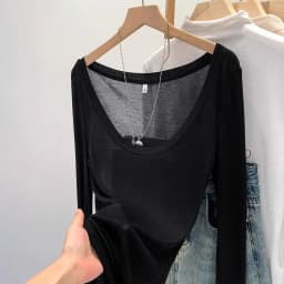 Summer Women's T-Shirt Deep U-Neck Basic High Elasticity See-through Slim Long Sleeve T-Shirts Breathable Streetwear Female Top