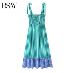 BSAY 2026 New Holiday Fresh Women Striped Tie Shoulder Midi Dress Elastic Shirred Top Contrast Ruffle Hem Flowy Summer Dress