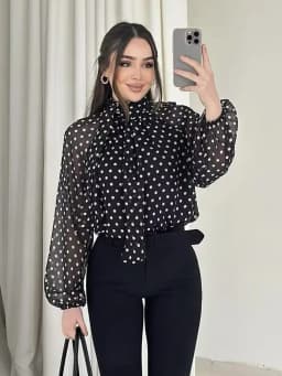 Women Polka Dot Print Blouse Casual High Collar Long Sleeve Lady Top Simple Women's Blouse Female Shirts & Blouses