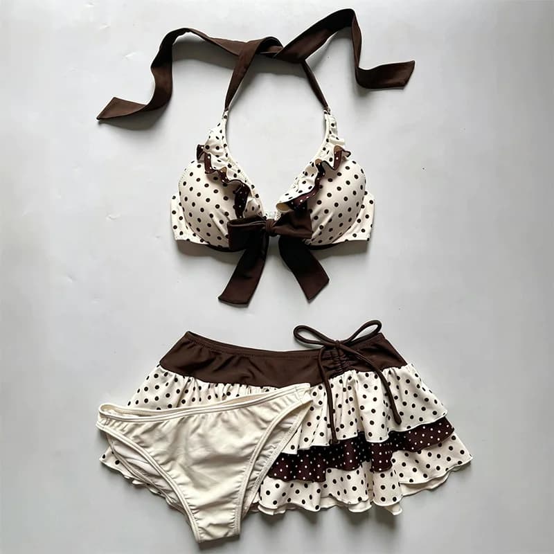 Summer Women Y2K Retro Beach Vacation Polka Dot Print Contrast Tiered Ruffle Ruched Drawstring Mid Waist Halter Neck 3 Piece Bik
