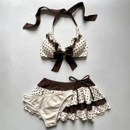 Summer Women Y2K Retro Beach Vacation Polka Dot Print Contrast Tiered Ruffle Ruched Drawstring Mid Waist Halter Neck 3 Piece Bik