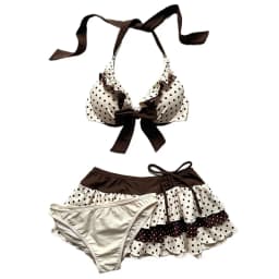 Summer Women Y2K Retro Beach Vacation Polka Dot Print Contrast Tiered Ruffle Ruched Drawstring Mid Waist Halter Neck 3 Piece Bik