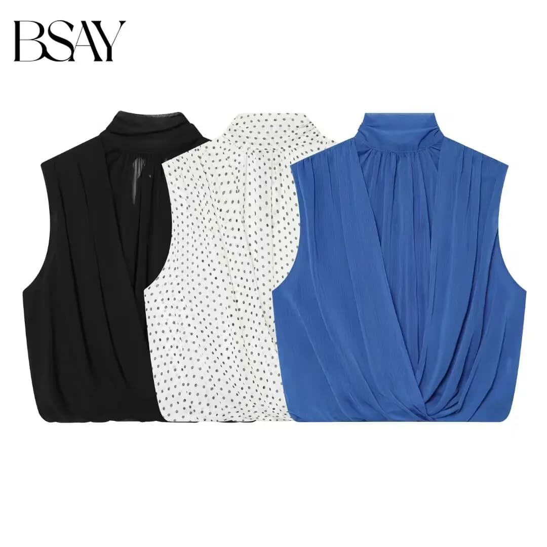 BSAY 2026 New Women Fashion Mock Neck Sleeveless Blouse Front Twist Wrap V Neck Tank Top Back Pleated Elegant Summer Casual Tops