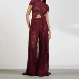 Trendy Y2k Lace Cutout Two-piece Outfit Chic High Neck Short Sleeve Crop Top Cozy Wide Leg Pants 2026 New Casual Women's Clothes