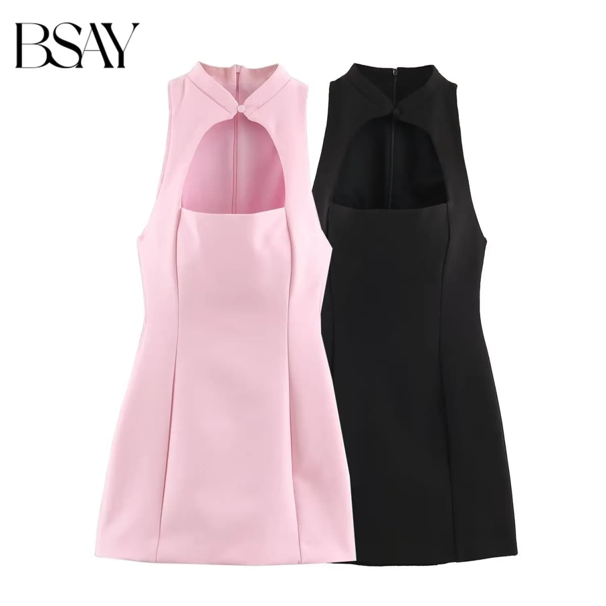 BSAY Fashion Summer Halter Short Dress Women Stand Collar Hollow Front Sleeveless Bodycon Mini Dress Chic Evening Party Dress