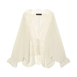BSAY 2026 Vintage Women Fashion Sheer Blouse Lace Trim V Neck Front Drawstring Flare Sleeve Casual Beach Sunscreen Cover Up Top