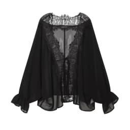 BSAY 2026 Vintage Women Fashion Sheer Blouse Lace Trim V Neck Front Drawstring Flare Sleeve Casual Beach Sunscreen Cover Up Top