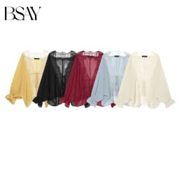 BSAY 2026 Vintage Women Fashion Sheer Blouse Lace Trim V Neck Front Drawstring Flare Sleeve Casual Beach Sunscreen Cover Up Top
