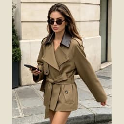 Women Faux Leather Collar Short Trench Coat Double Breasted Belted Waist Lapel Windbreaker Retro British Style Casual Outerwear