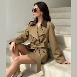 Women Faux Leather Collar Short Trench Coat Double Breasted Belted Waist Lapel Windbreaker Retro British Style Casual Outerwear
