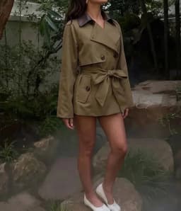 Women Faux Leather Collar Short Trench Coat Double Breasted Belted Waist Lapel Windbreaker Retro British Style Casual Outerwear
