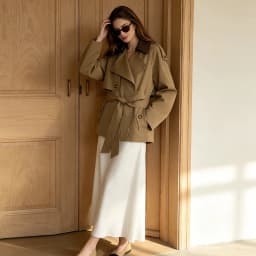 Women Faux Leather Collar Short Trench Coat Double Breasted Belted Waist Lapel Windbreaker Retro British Style Casual Outerwear