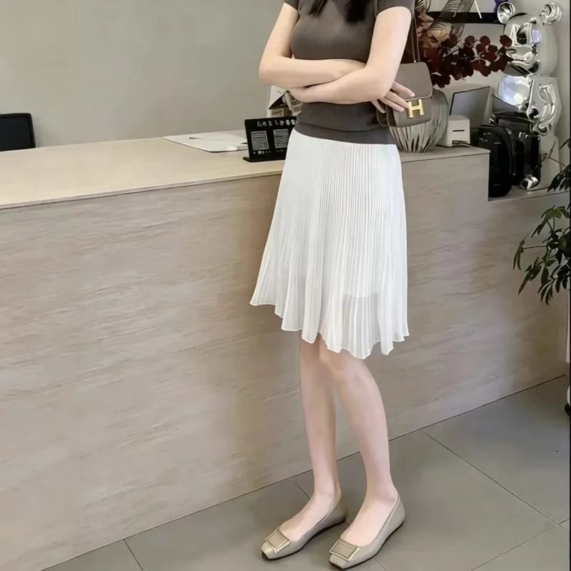 Women Chiffon Pleated Skirts Solid Elegant Elastic Waist Korean with Lining A Line Skirts Ladies Office Skirt Womens Clothing