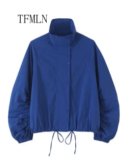 TFMLN Vintage Blue Single Breasted Jackets For Women 2026 Autumn New Chic Causal Folds Sleeve Stand Collar Coats High Street Top