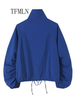TFMLN Vintage Blue Single Breasted Jackets For Women 2026 Autumn New Chic Causal Folds Sleeve Stand Collar Coats High Street Top