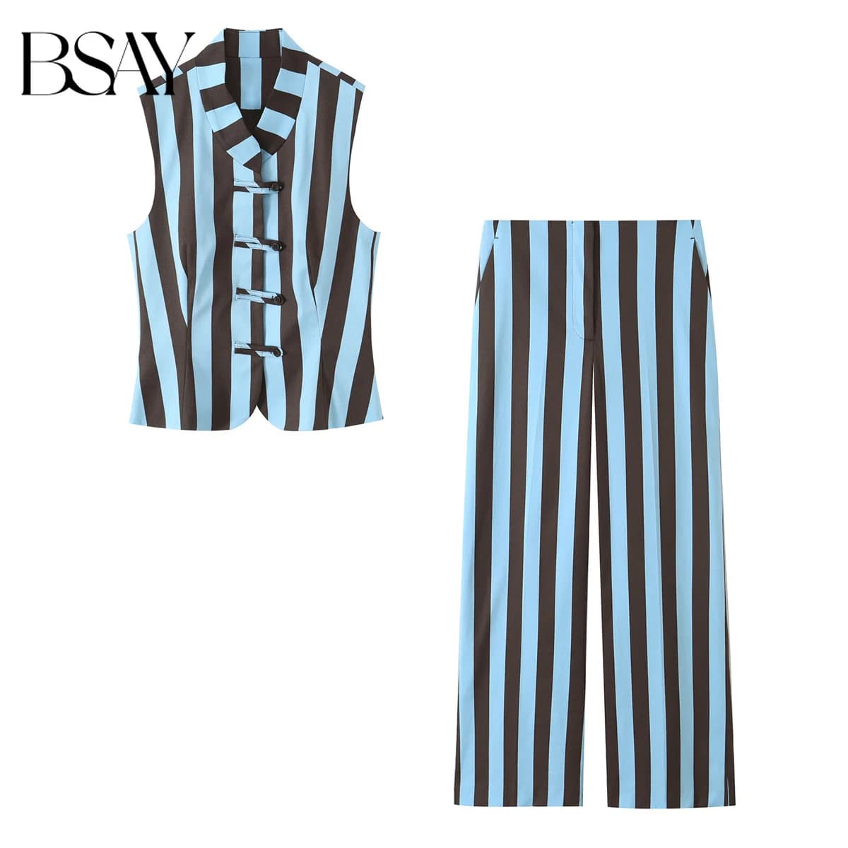 BSAY 2026 Vertical Striped Women Matching Outfit Lapel Sleeveless Frog Button Vest High Waist Wide Leg Trousers Casual Piece Set